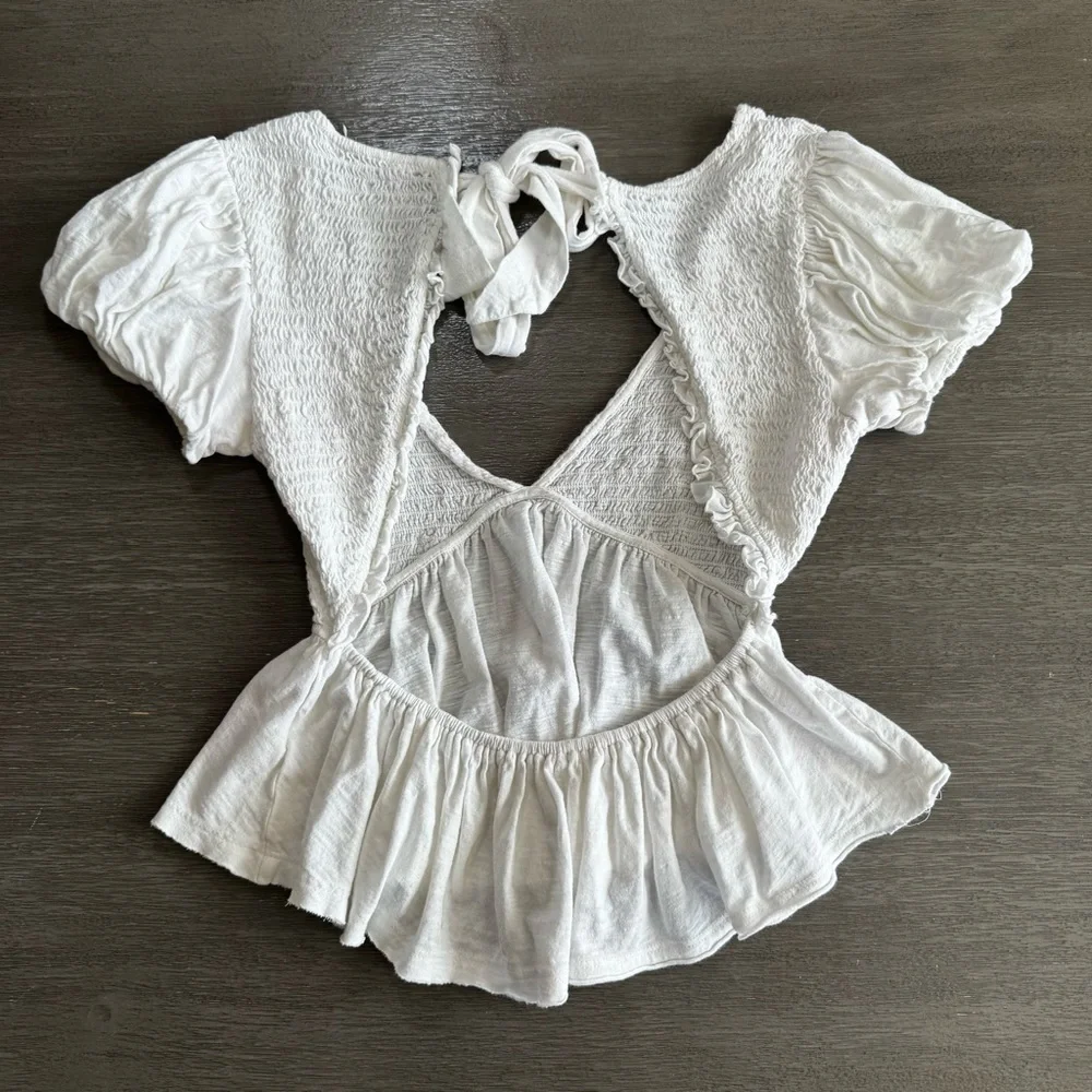 Free People White Charlotte Tie Back Crop Top XS Puff Smocked